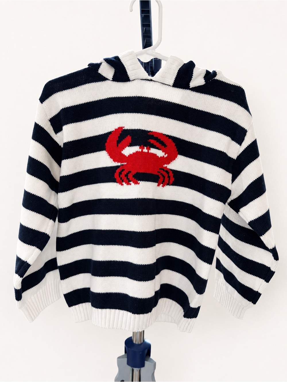 Striped Hooded Sweater with Red Crab Motif - White & Navy